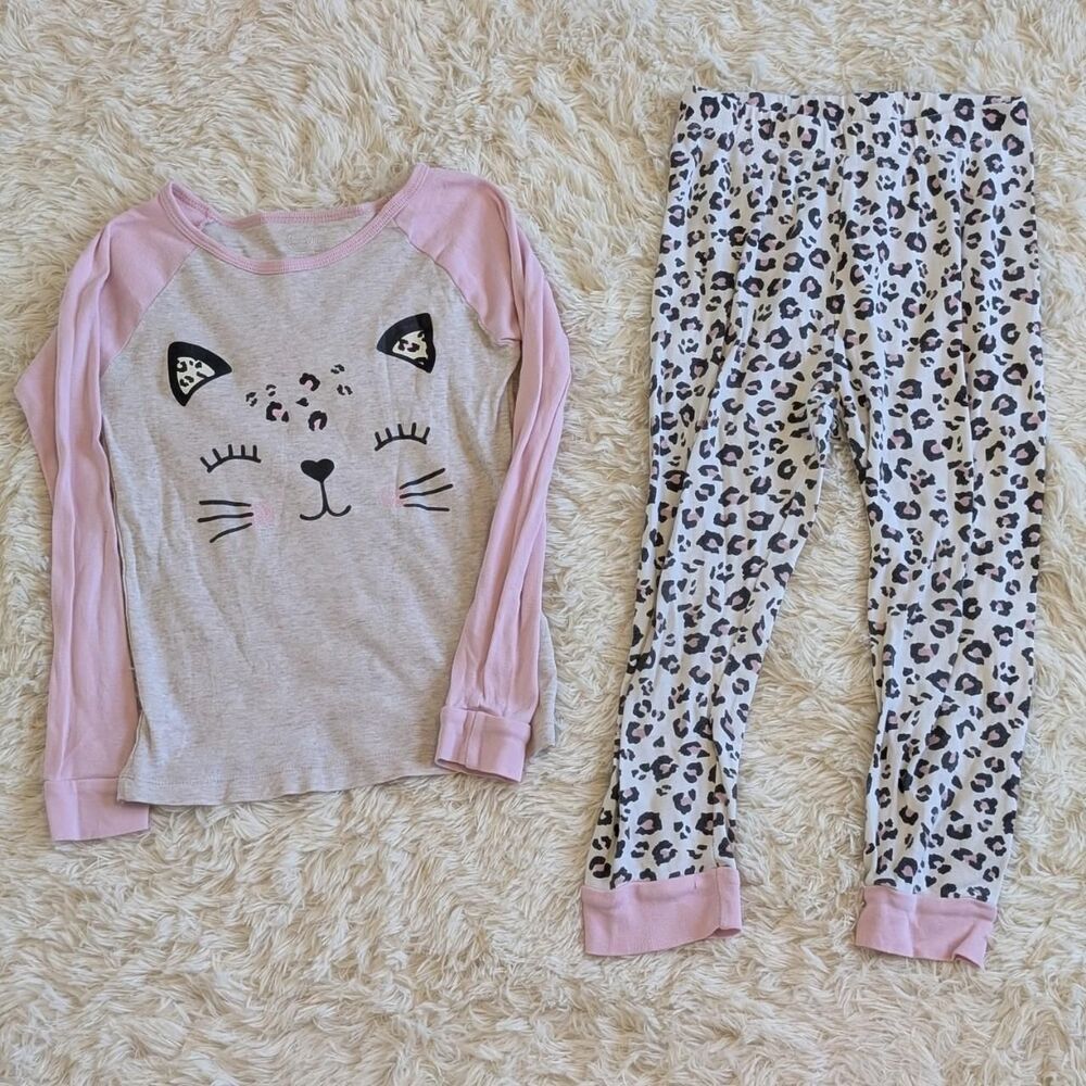Wonder Nation Girls Size 5T Leopard Kitty Cat Long Sleeve Pajama Set